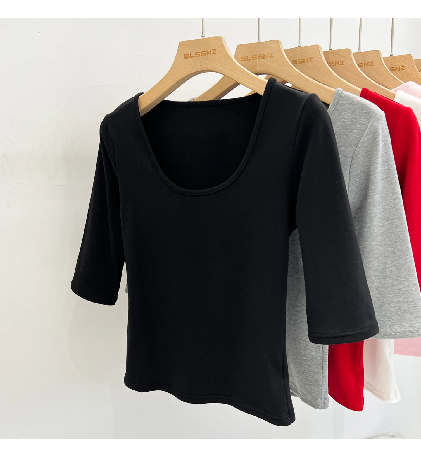 Zjaiss Women's White Base Top 2026 New U-Neck Three-Quarter Sleeve Tee for Spring & Summer Solid Versatile Casual Simple T-Shirt