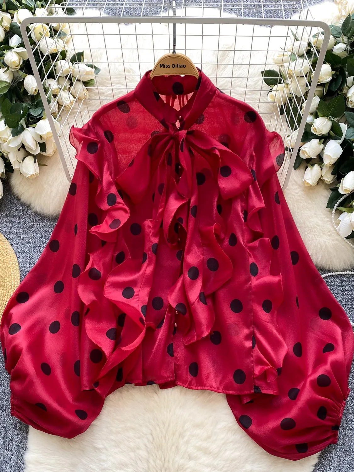 Casual Loose Polka Dot irt Women's Korean Sle  Knot Lantern Sve Me Top Flowing Light Summer Commute Faion