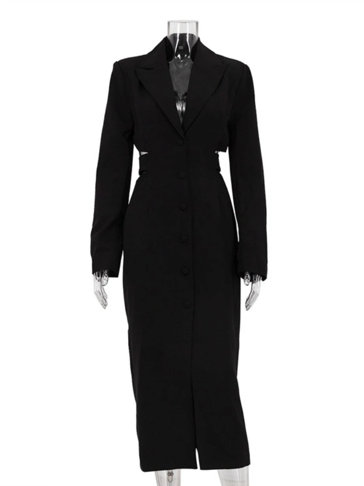 Women Single Breasted High Waist Tunics Mid-calf Blazer Dress Office Lady Chic Long Sleeve Hollow Out Bandage Slim Party Dresses