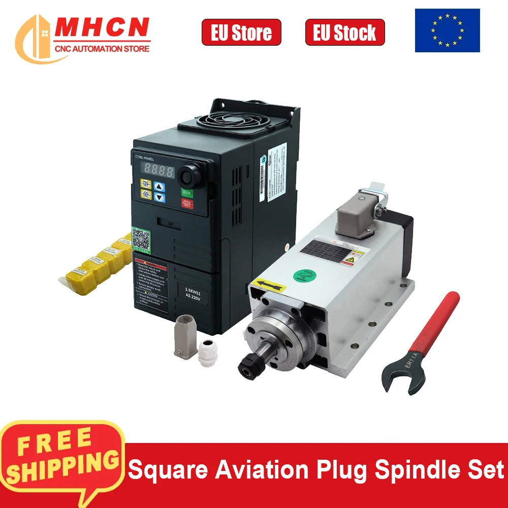 Image of 【EU-Lager】Günstiger Preis Quadratischer Luftfahrtstecker Spindel 1,5KW 220V mit HS320 Frequenzumrichter + 7 ER11-Schlüsseln für CNC-Maschinen inklusive