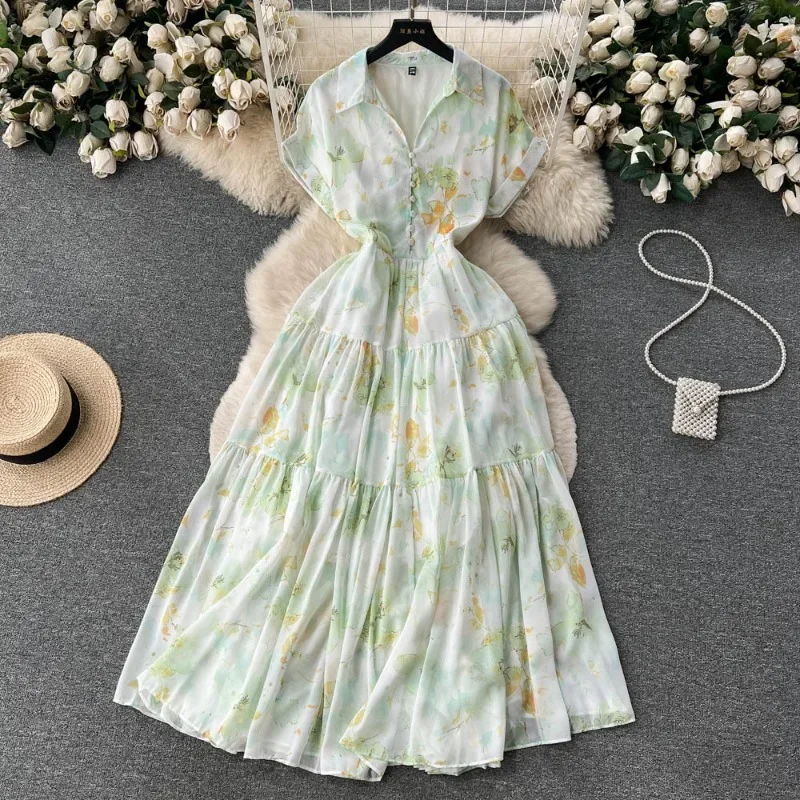 

Beach Vacation Floral Print Dress Women V Neck Button Bohemian Long Dresses Korean Fashion Elegant Party Maxi Dress Y2k Платье