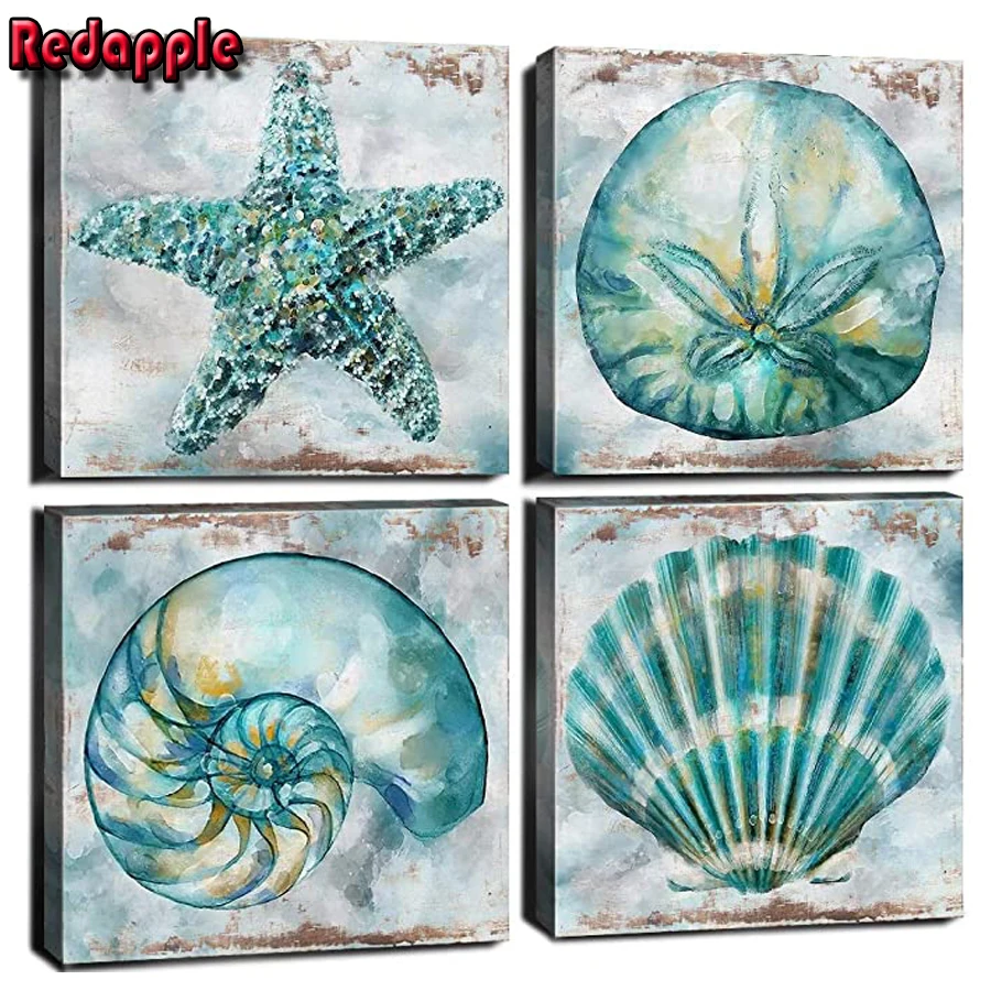 

Diamond Painting Starfish,conch,shell Full Square/Round Diamond Embroidery cartoon Pattern Cross Stitch Mosaic 4 pcs Home Decor