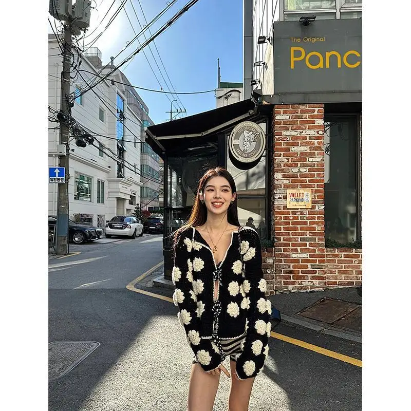 

French-Inspired Cropped Knit Cardigan Women Intricate 3D Embroidery Openwork Detailing Haute Couture Modular Layering Essential
