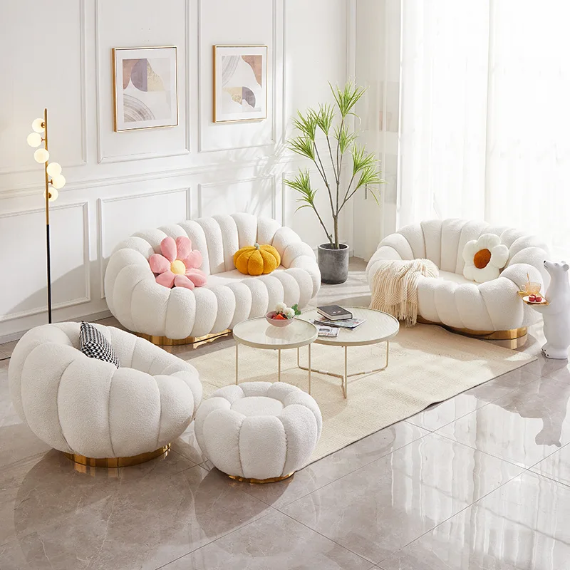 

China Factory Wholesale Drop Shipping White Cream Boucle Fabric Sofa Pumpkin Shape Soft Couch Swivel Chair