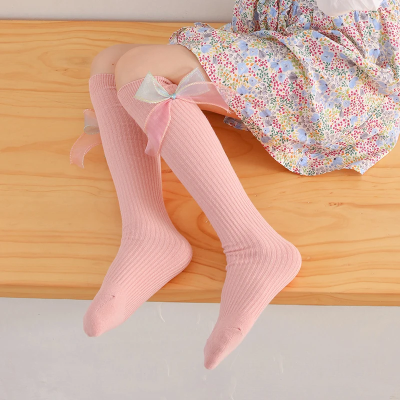 Gradient Big Bow Knot Princess Girls Long  Kawaii Socks Cotton Warmer Over The Knee High Socks Spring Stripe Baby Kids Stockings