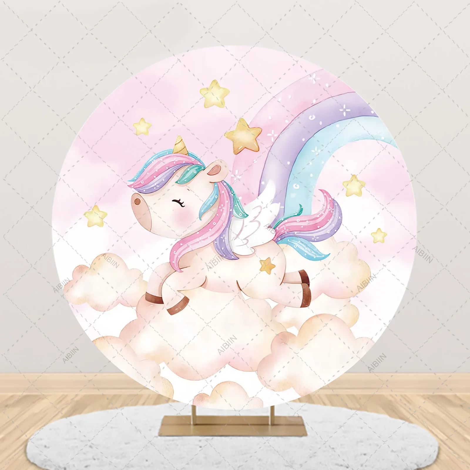 Unicorn Rainbow Round Backdrop Cover Cute Horse Stars Clouds Girls Birthday Baby Shower Party Decor Photography Background