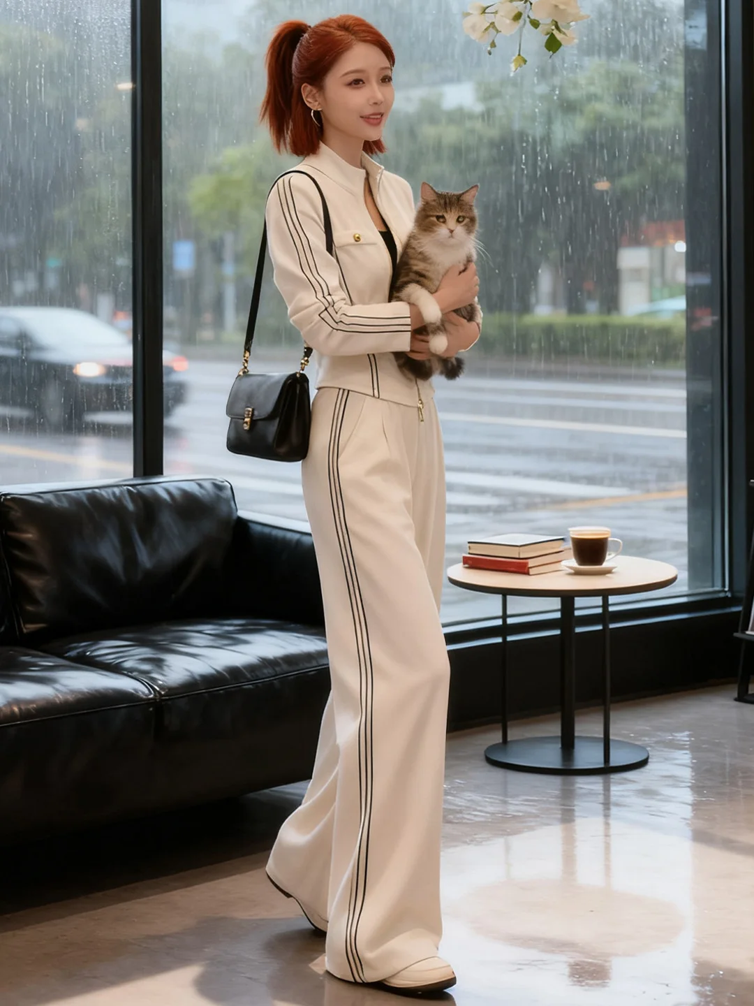 

Ladies Casual Sportswear Set High Waist Wide Leg Pants Long Sleeve Zipper Closure Top Bottoms Two Piece Set Autumn Fashion