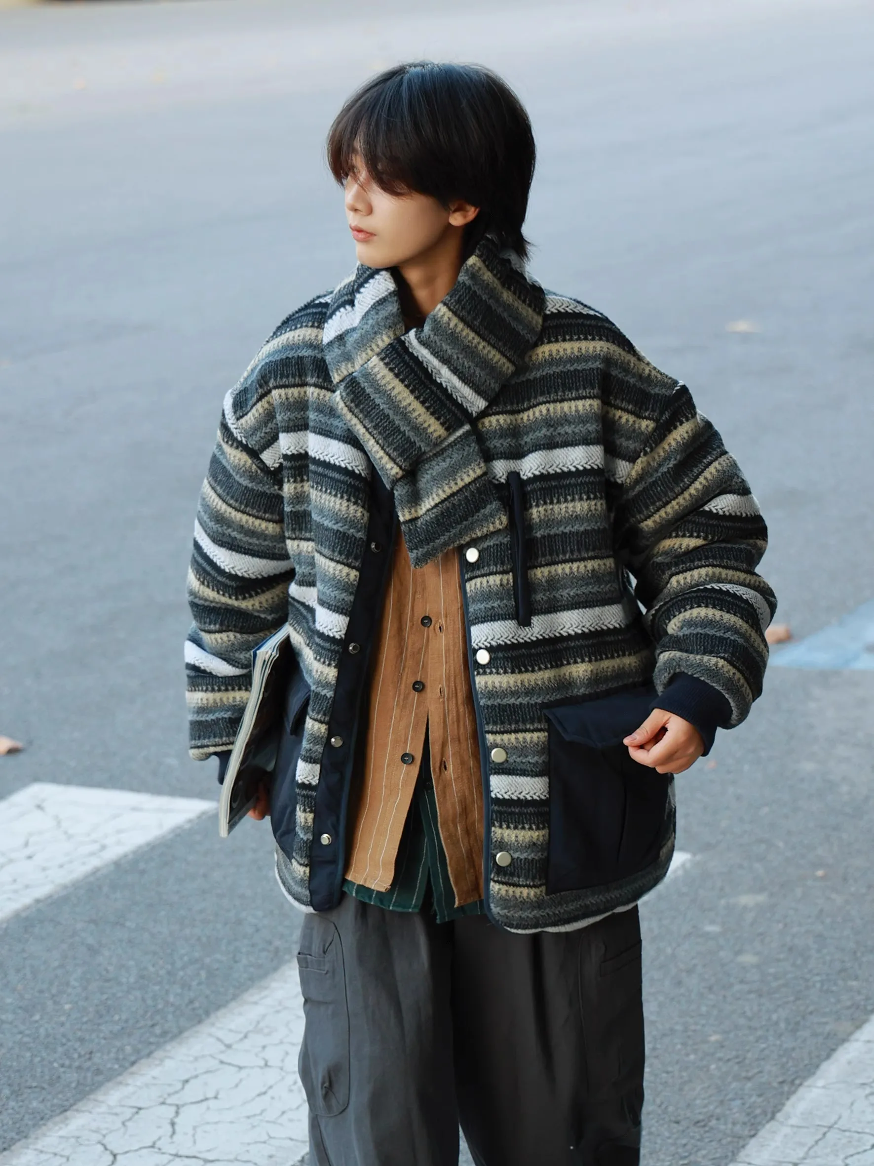 

Утепленное хлопковое пальто-жакет двустороннее, зимнее, с воротником, в японском ретро-стиле, в полоску, шерстяное, для пар