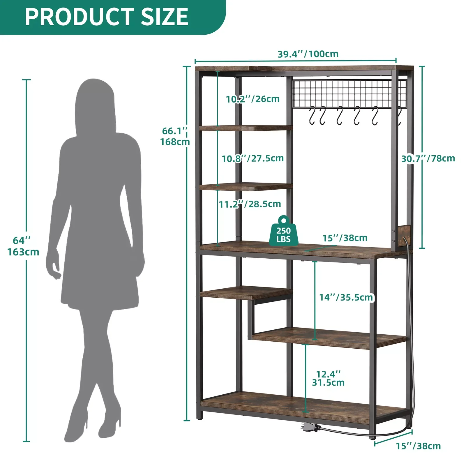 Estante para panaderos de cocina, barra de café de 39 pulgadas con Panel de alambre y salida de potencia, soporte para microondas