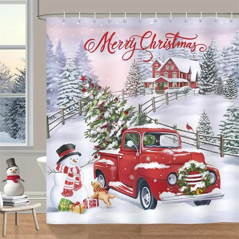 

Merry Christmas Shower Curtain Red Truck Xmas Tree Winter Snowman Retro Farmhouse Bathroom Decor Polyester Fabric Bath Curtains