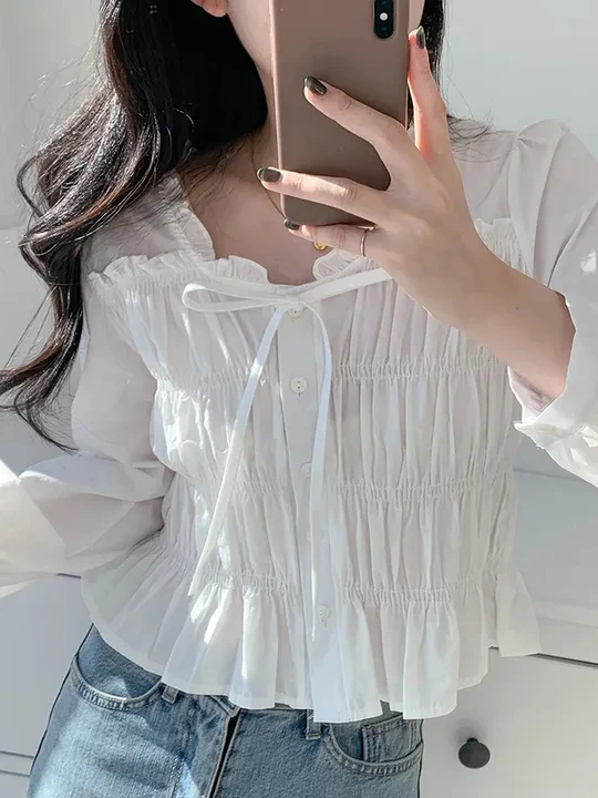 

Gentle Wind V-Neck Long Sleeve Women's Shirt Korean Style Loose Fit Tie Waist Gown Breathable Wood Grain Pleated Base Shirt