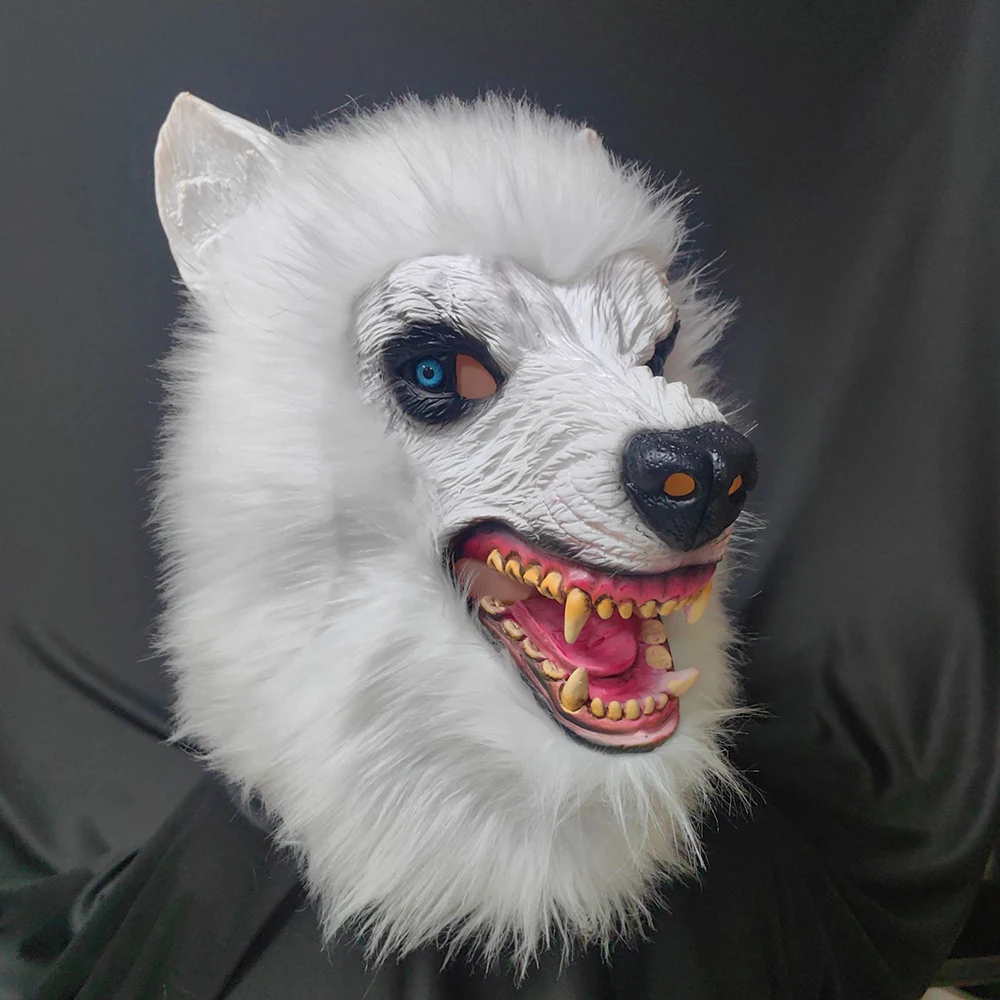 

Страшная латексная маска белого волка, мягкая, забавная, для вечеринок, маскарада, Хэллоуина, костюмированных балов, головной убор, реквизит, взрослый, единый размер
