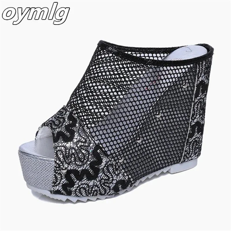 2024 Summer Fashion Slope Heel Fish Mouth High Heel Sandals with Matsu Bottom Hollow out Slippers Lace Sandals for Women