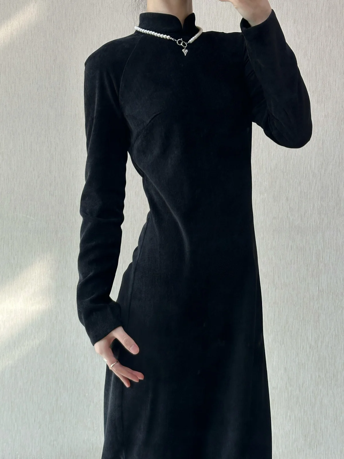 

Xu Zhi Xing BlaJade Autumn Winter Long Sve with Lyocell Bla Color Simple Sle Daily Wear Low Slit Long Dr