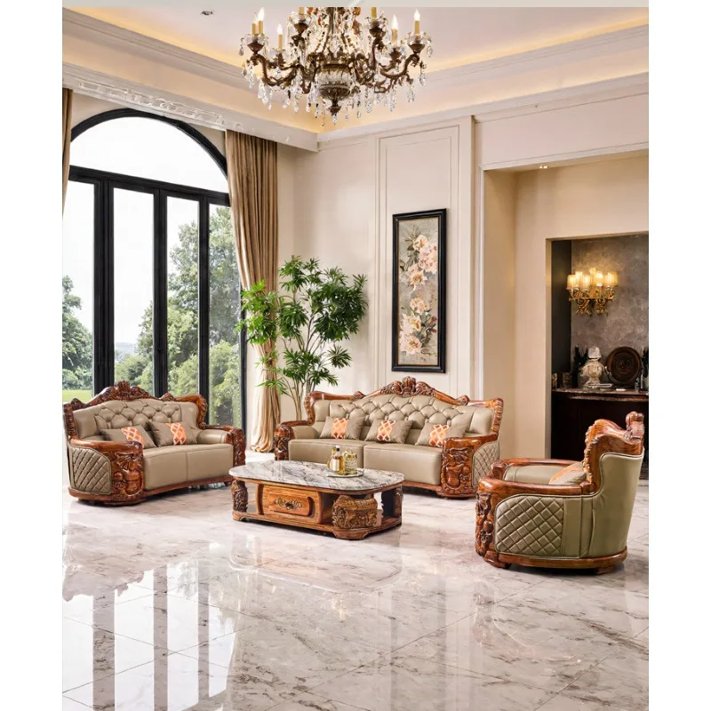 SA-20 European ebony large apartment first layer cowhide leather 124 combination sand living room solid wood sofa