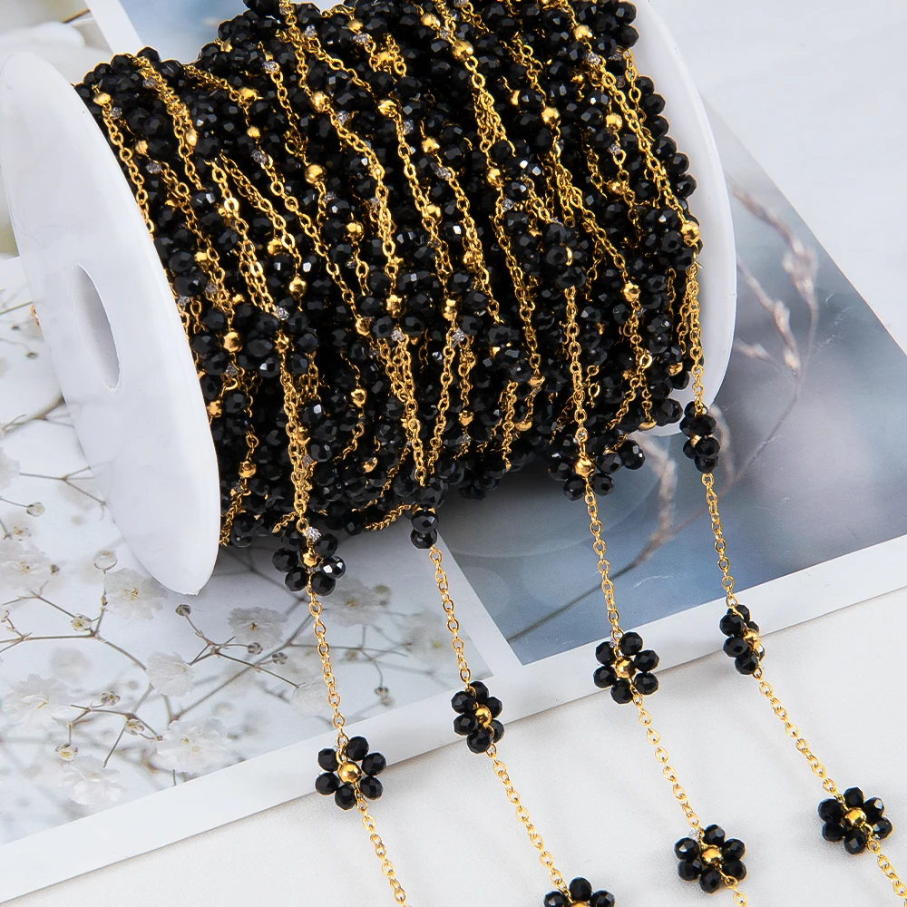 2Meters 1Meter Stainless Steel Black Crystal Flower Chains Natural Stone Beaded Chains for Necklace Earrings DIY Jewelry Making
