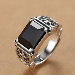 HX Silver Color New Cross Ring Men's Personality Dominant Trend Hip Hop Single Ring Black Stone Jewelry