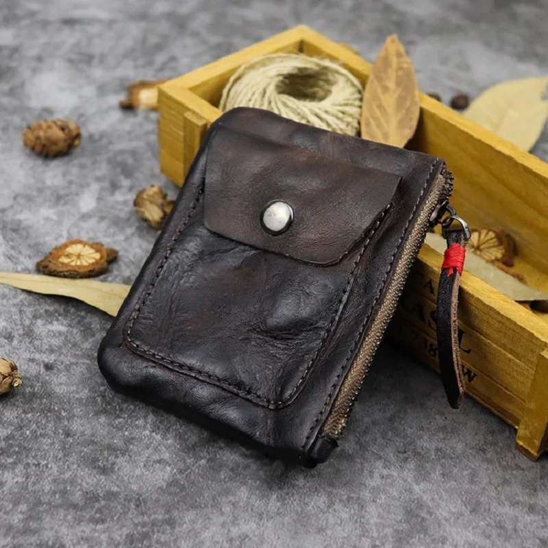 Wrinkled Cowhide Genuine Leather Men's Coin Purse Genuine Leather Zipper Wallet Retro Key Holder Small Money Bag Men Short Purse