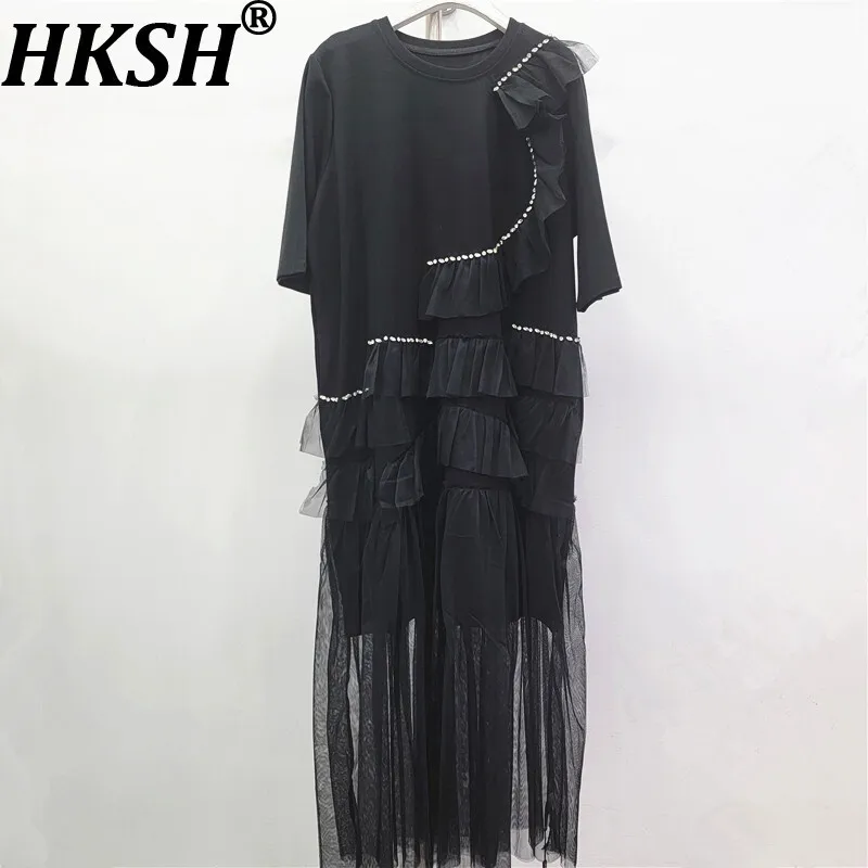 

HKSH весна-лето новое женское длинное платье асимметричное плиссированное сетчатое платье с шипами и бриллиантами с круглым вырезом и короткими рукавами Ins платья HK16775