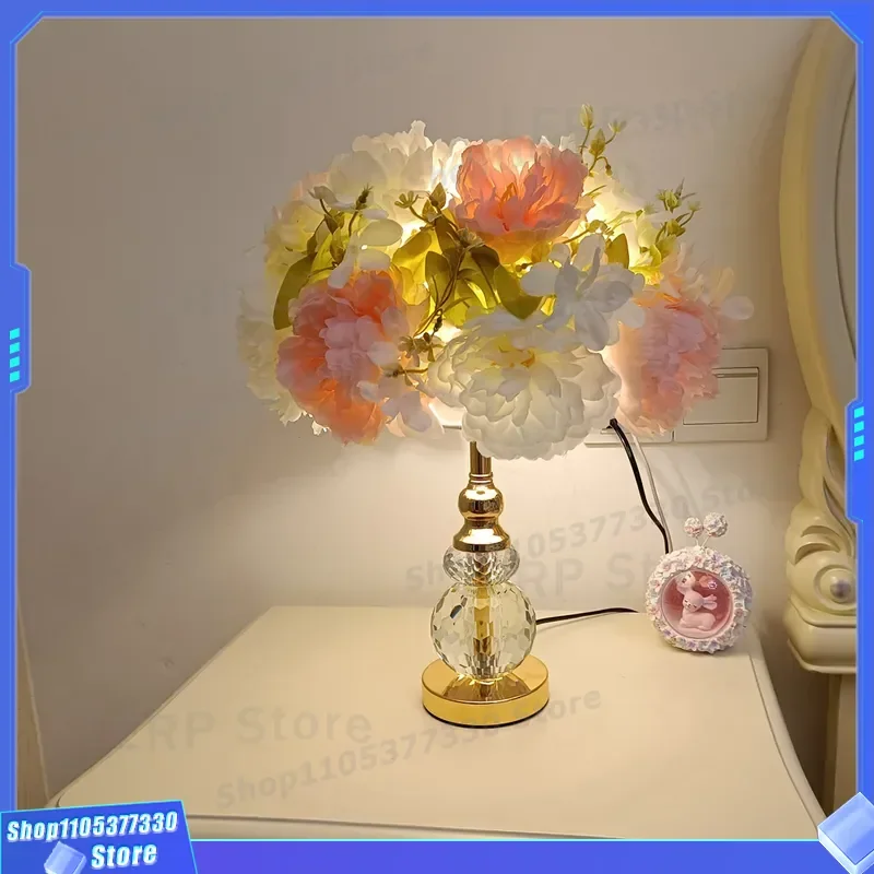 White Crystal Ball Table Lamp with Pink Rose Flower Design Elegant Bedroom Bedside Light Romantic Wedding Decoration Gift for