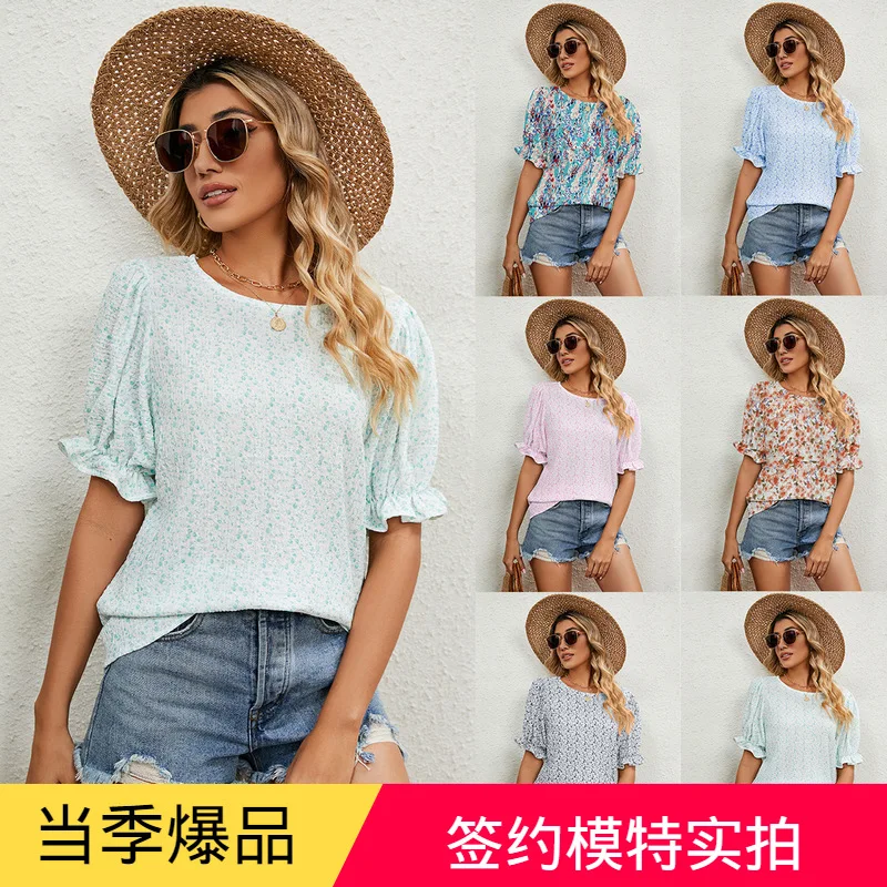 Woman's Tshirts Superior Quality spring/summer Petal Sleeve O Neck Chiffon Floral Ladies Top t-shirt Dropshipping WZD3067