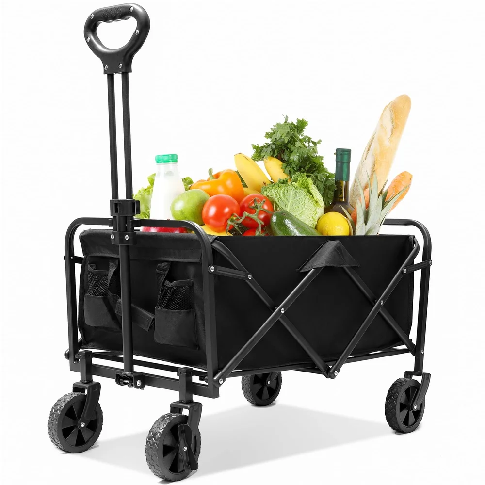 

Multi-Purpose Folding Wagon Cart Heavy Duty Steel Frame Adjustable Handle 4 Wheels with Brakes Camping Gardening Shopping