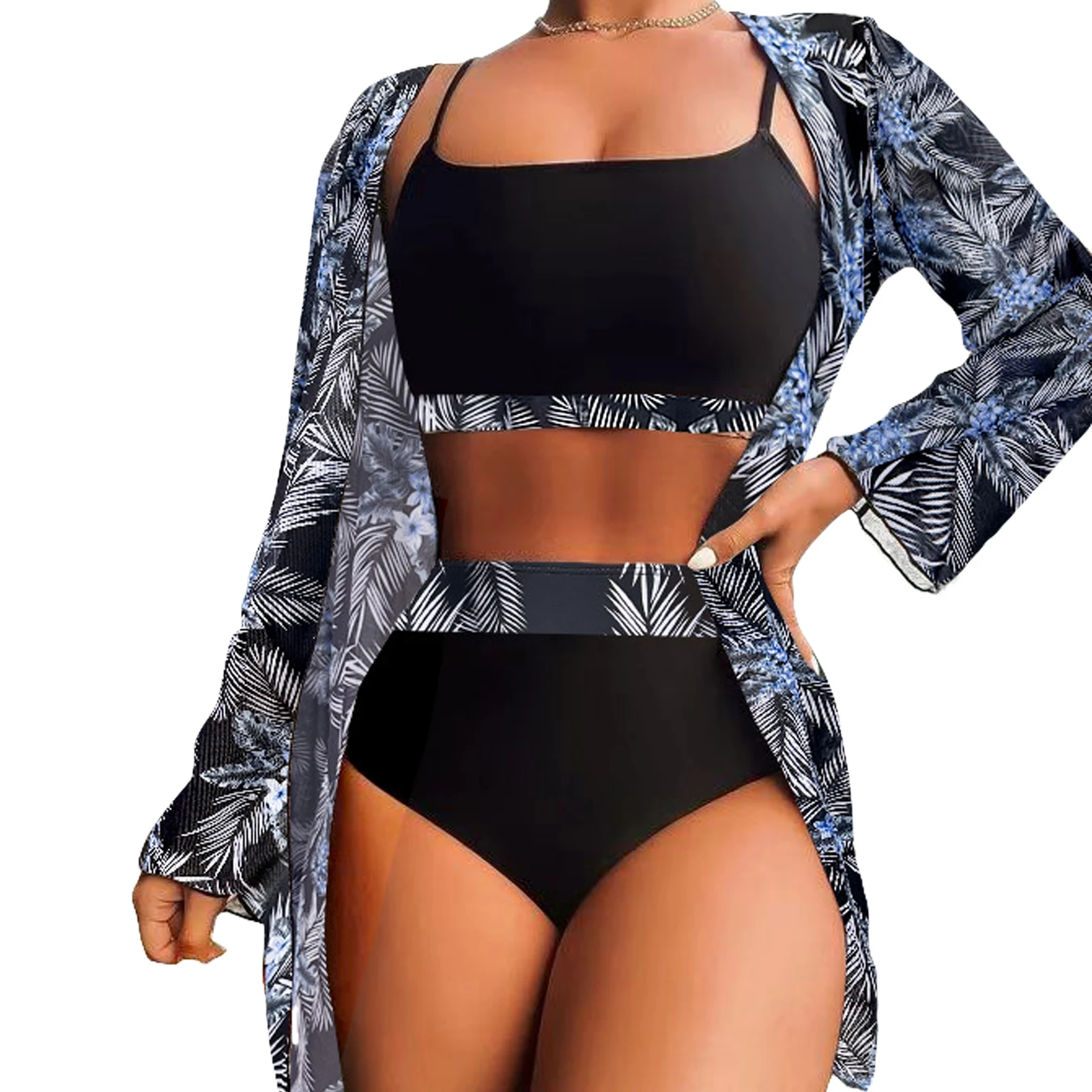 

Женские летние комплекты бикини из 3 предметов, купальники с низким вырезом, стринги с высокой талией, Цветочная накидка, купальники