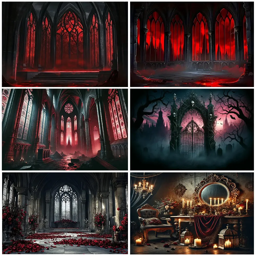 

Black Elegant Gothic Court Style Backdrop Dark Room And Red Sky Photography Background Party Decoration Vinyl Room Hanging Cloth