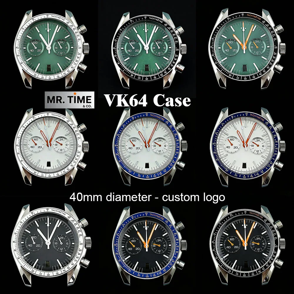 VK64 Case 40mm Case Men's Stainless Steel Watch Panda Dial Green Luminous Dial with VK64 Movement Watch Accessory Too