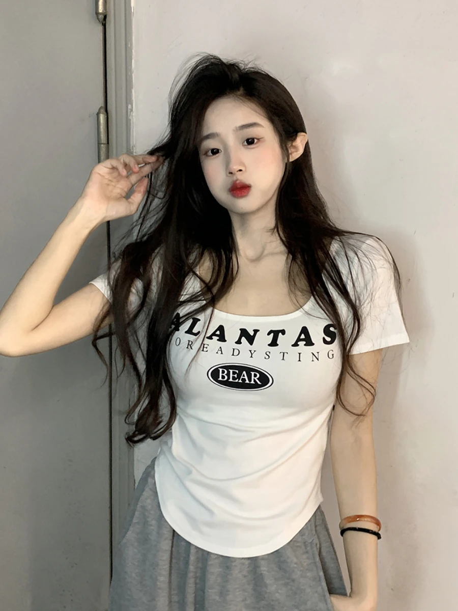 plus Size Korean Sle Pure Desire Spicy Girl U-Ne ort Sve T-irt Faionable Versatile Base Layer Women's Slimming Top