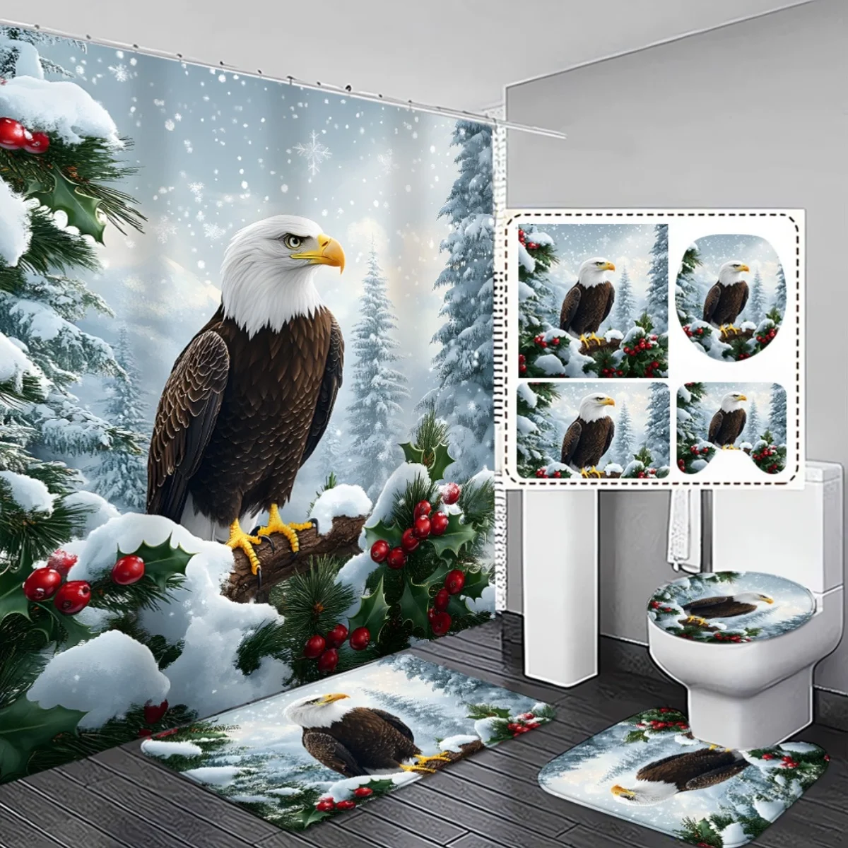 

4 шт., мультяшный рождественский набор декора для ванной комнаты с занавеской для душа с изображением белого орлана и снежной сцены, нескользящая, крышка для унитаза - праздничный