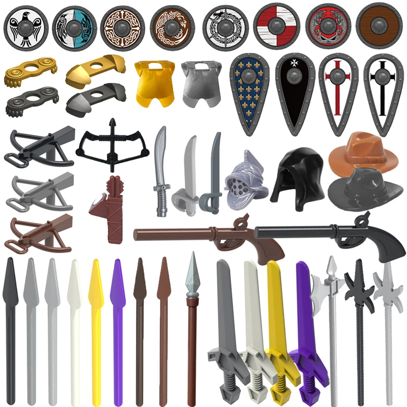 MOC Military Building Blocks Medieval Solider Knight Legio Equipment Accessories Roman Crusader Flag Shield Mini Bricks Gift Toy