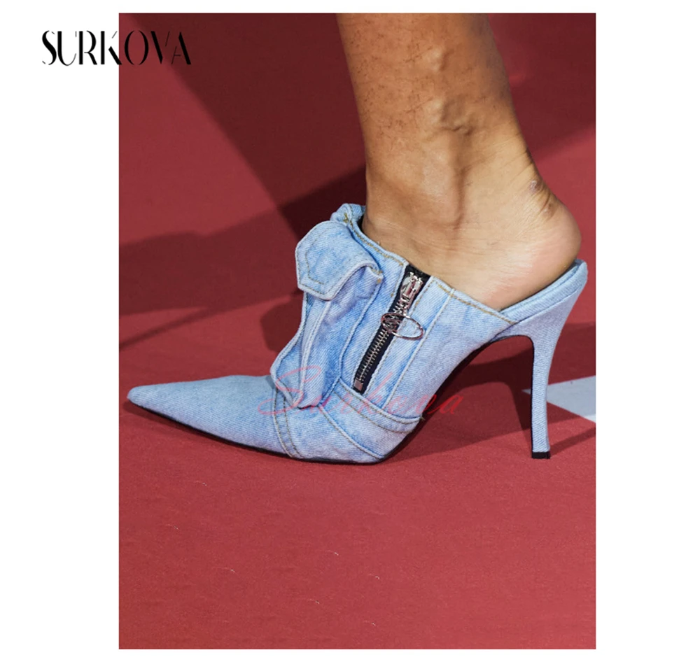 Vintage Denim Pocket Pumps Pointed Toe Slingback High Heels for Women Sexy Stilettos Outdoor Runway Shoes Women\'s Fashion Shoes