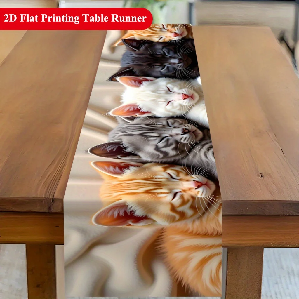 Five Cute Resting Cats Closed Eyes Table Runner - Vibrant Adorable Kitten Motif Decoration for Holiday Kitchen Dining Home Party