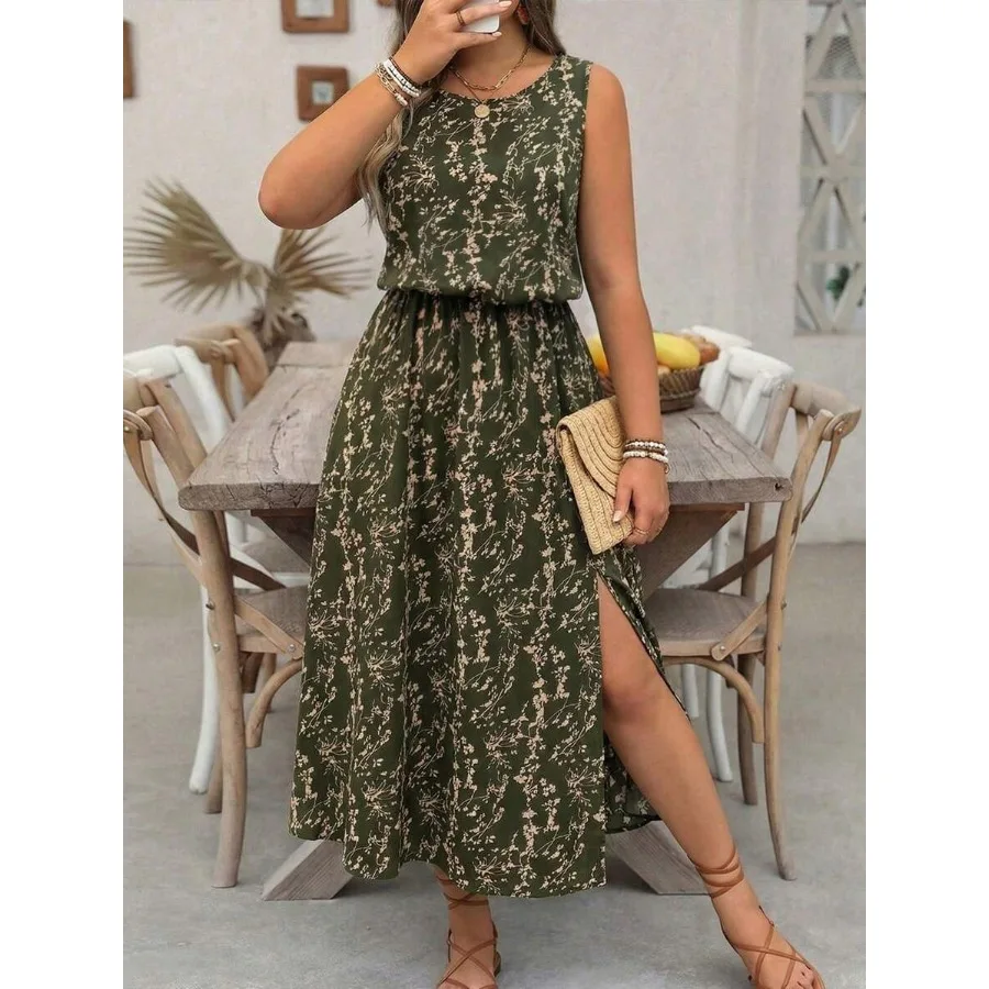 

【New style】Plus Size Ditsy Floral Round Neck Casual Commuter Split Hem Dress
