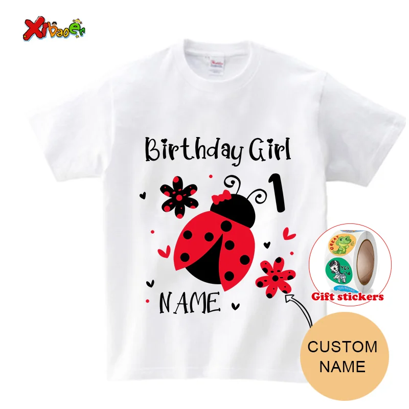 Birthday Girl T Shirt Ladybug Printed T-shirt Family Matching Outfits Kids T Shirt Baby Girl Shirt Give Away Children's Stickers