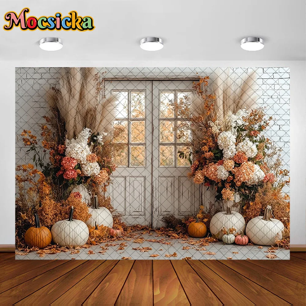 Mocsicka 사진 배경 가을 호박 단풍잎 장식 여성 가을 초상화 사진 배경 사진용