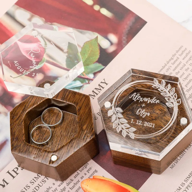 Personalized Solid Wood Acrylic Ring Box Wedding Ring Box Hexagonal Ring Box Custom Engraved Logo Wedding Gift