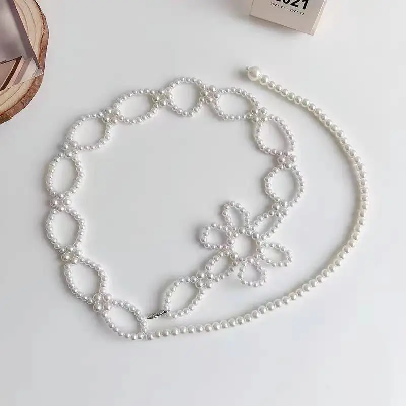 

Pearl Flower Waist Chain Belt White Pearl Waistband Elegant Dress Accessory Beaded Chain Belt Fashion Decorative Waistband