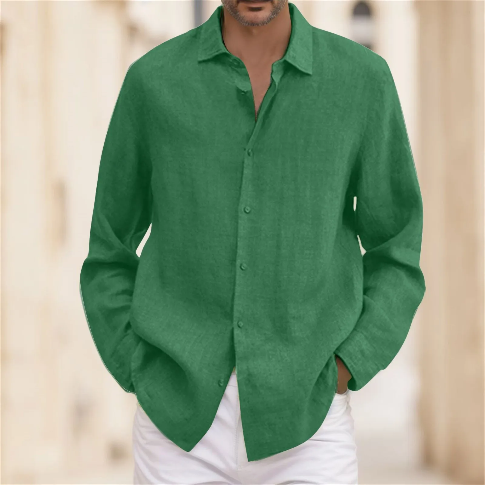 Spring  Linen Men Causal Shirts Fashion Business Office Loose Lapel Long Sleeve Tops Beach Vintage Solid Color Button Clothing