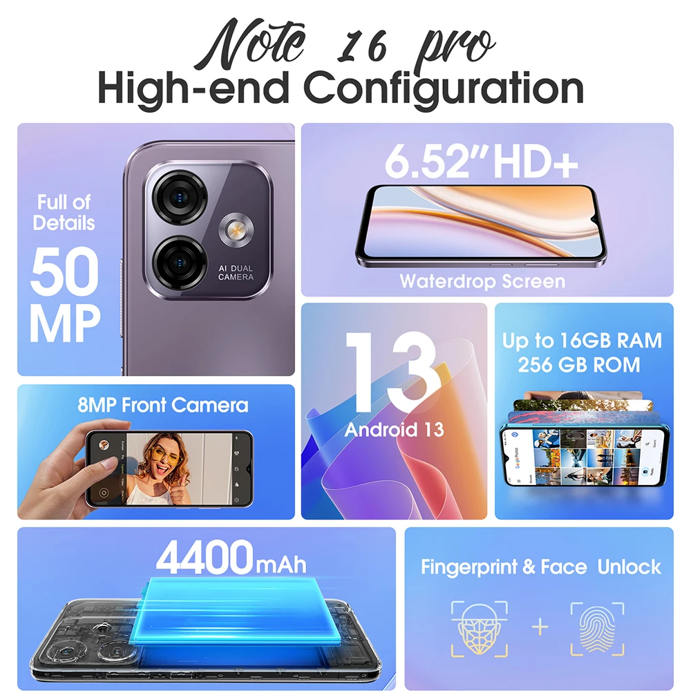 Ulefone Note 16 Pro Smartphone 256GB ROM Android 13 versione globale telefono 50MP 6.52 pollici 4400mAh GPS 4G cellulare