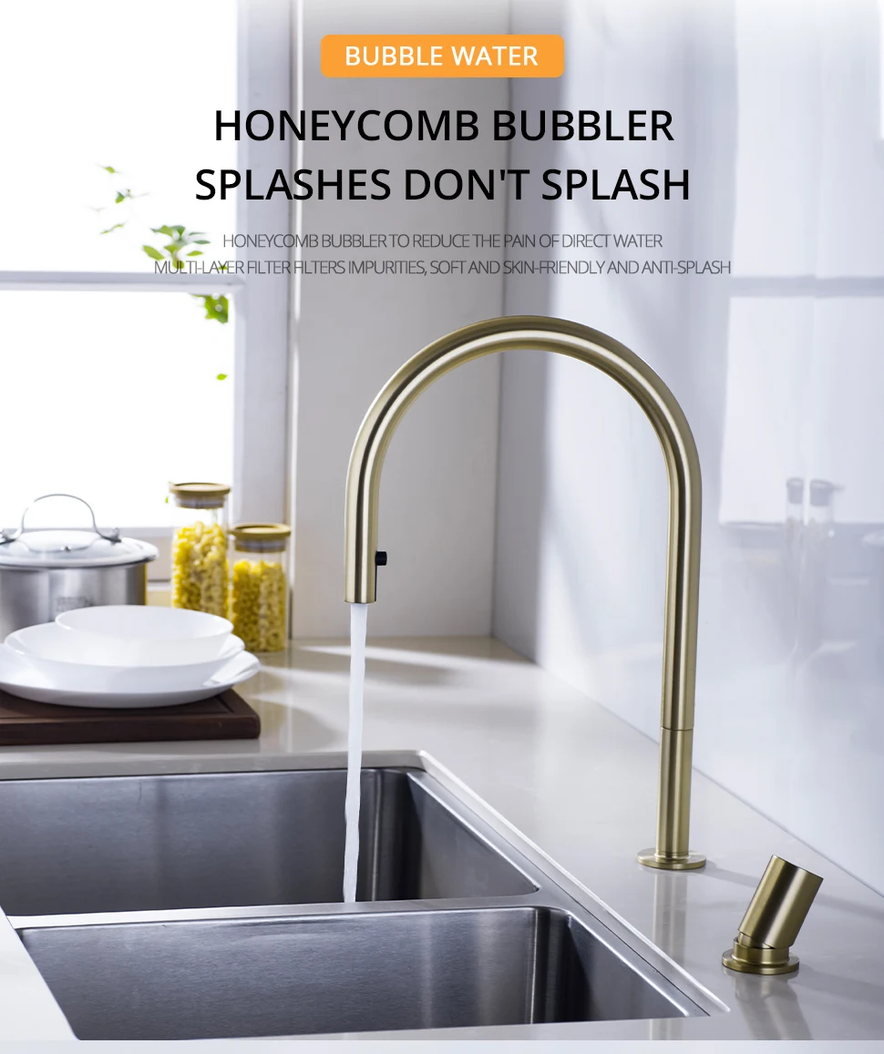 Brushed Gold Kitchen Faucet Invisible Pull Out Spray Mixer Double Hole Single Handle Solid Brass Hot and Cold Separate Sink Tap