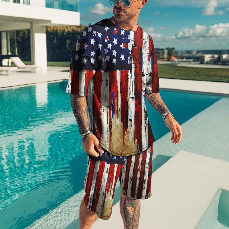 

Vintage Style Men's Suits USA Flag 3D Print T-Shirts Shorts 2-Piece Sets Casual Tracksuits Street Oversized Outfits Man Clothing