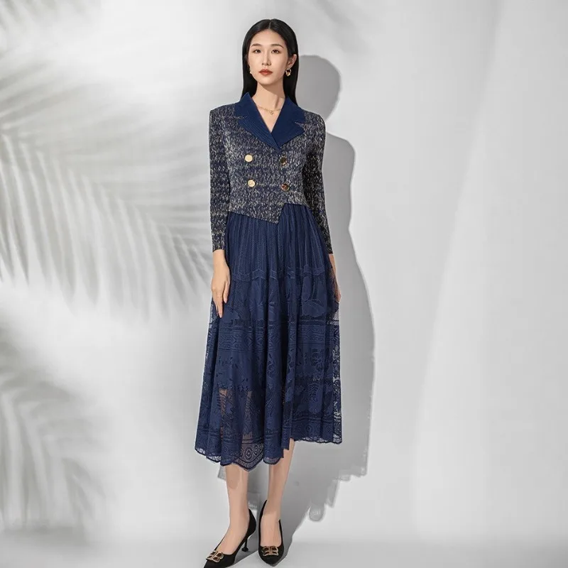 

2026 Новое плиссированное платье Miyake, европейские большие размеры, женский костюм с длинными рукавами и воротником, офисные длинные платья из полиэстера, креп