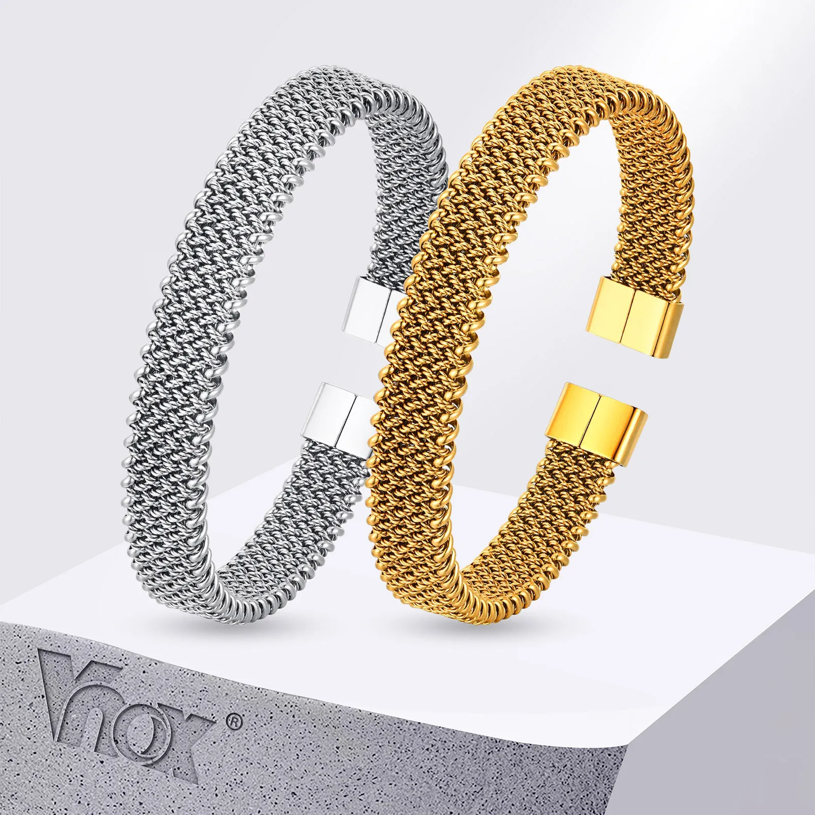 Vnox 10mm tkana siatka otwarta bransoletka ze stali nierdzewnej dla kobiet mężczyzn, regulowane bransoletki mankietowe w stylu vintage