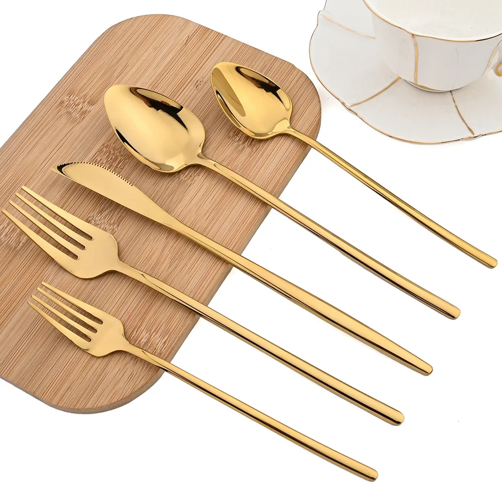 10Pcs Gold Tableware Stainless Steel Silverware Knife Fork Spoon Teaspoon Cutlery Mirror Dessert Dinner Set Complete Flatware