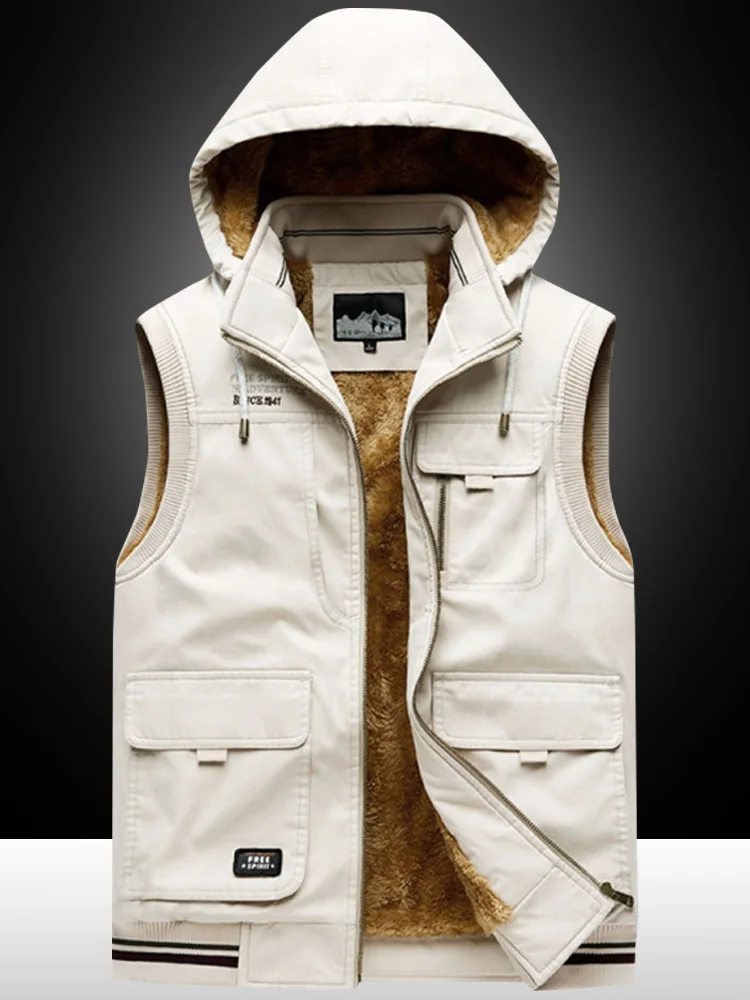 

Мужской зимний утепленный жилет из хлопка на флисовой подкладке с капюшоном, большой размер, свободный крой, с множеством карманов, для защиты от холода, модный городской стиль