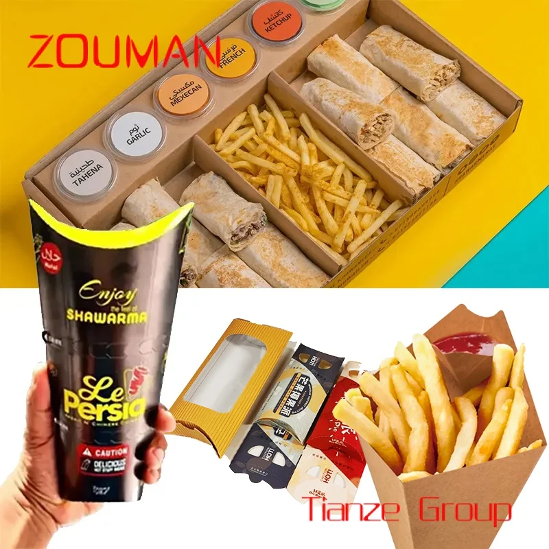 Custom , Custom Logo Shawarma Packaging Box Cardboard, Food Grade Design Kebab Paper Boxes, French Fries Cone Boxes for Small Bu