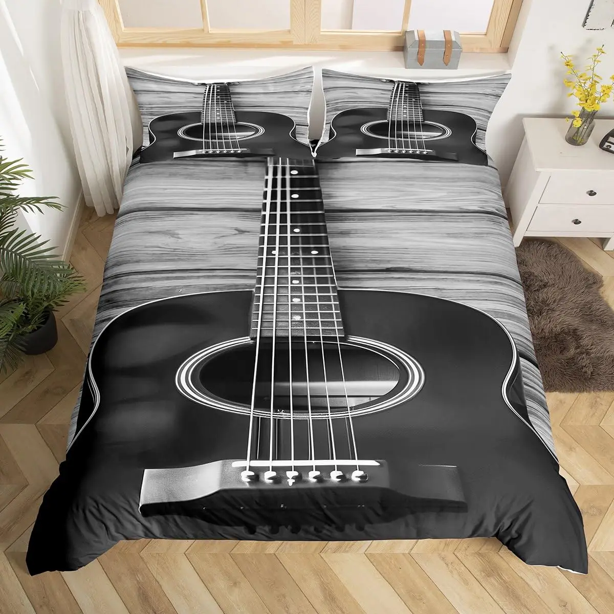 

Music Duvet Cover Queen Music Theme Bedding for Kids Teens Adult, Vintage Guitar on Wooden Floor Comforter Quilt Cover