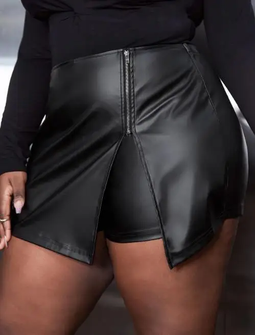Large Size Women's Irregular Personality Black Zipper Leather Pants Skirt Summer Women's Sexy Tight Zipper Short Leather Pants